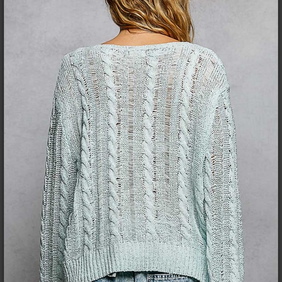POL Light Powder Blue Cable Knit Sweater with Beaded Embellishments. - Picture 5 of 6